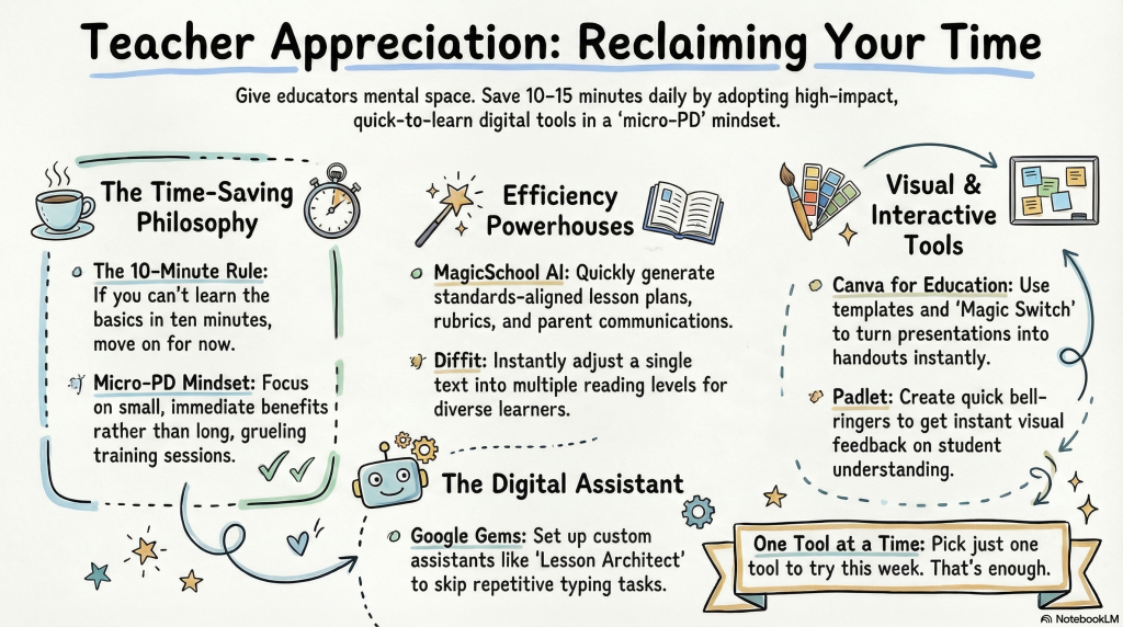Illustrated overview of time-saving digital tools for teachers, including micro‑PD, lesson planning assistants, visual tools, and a “one tool at a time” reminder.