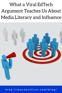 An illustration showing a group of blue human figures standing on a red target while another figure uses a megaphone nearby, with additional gray figures in the background and a headline about a viral edtech argument and media literacy.
