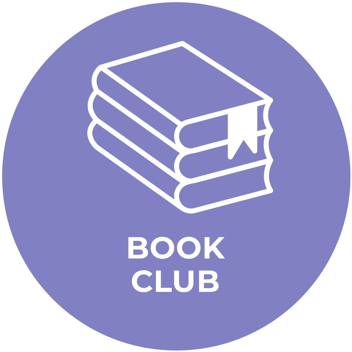 Icon: online book club, white book stack outline with ribbon on light blue-purple background.