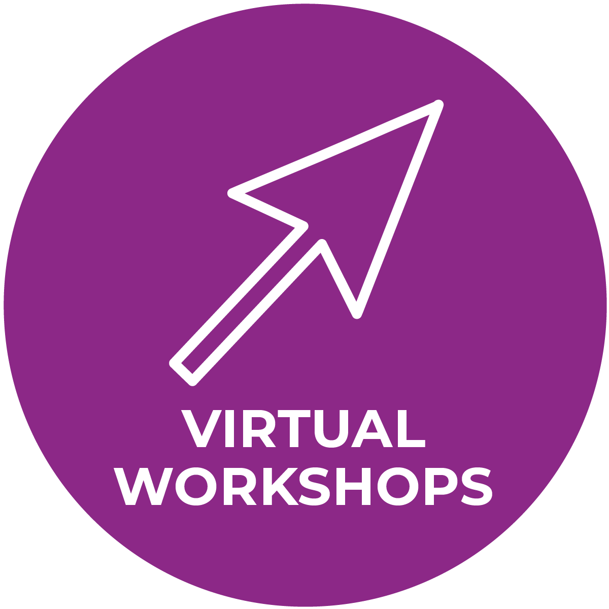 Icon: OK2Ask virtual workshops, white arrow outline on magenta background.