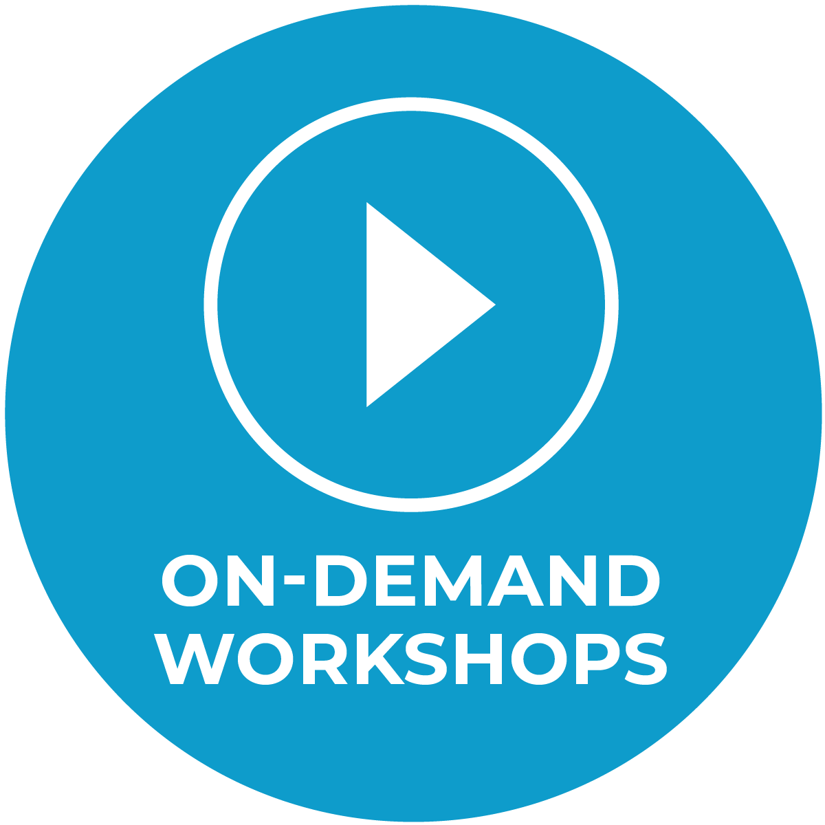Icon: on-demand workshops, white play button on light blue background.