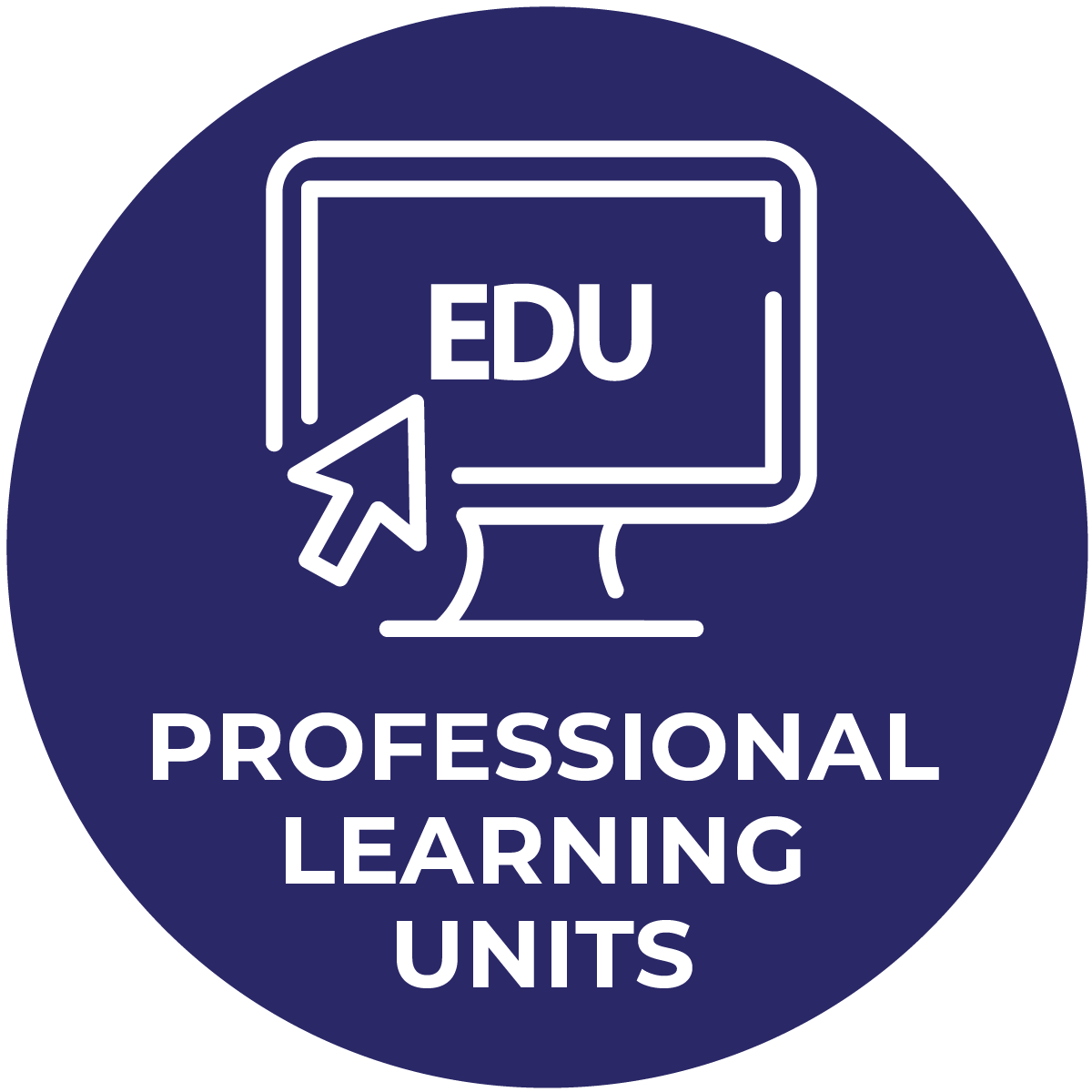 Icon: professional learning units, white computer outline with EDU and arrow on dark blue background.