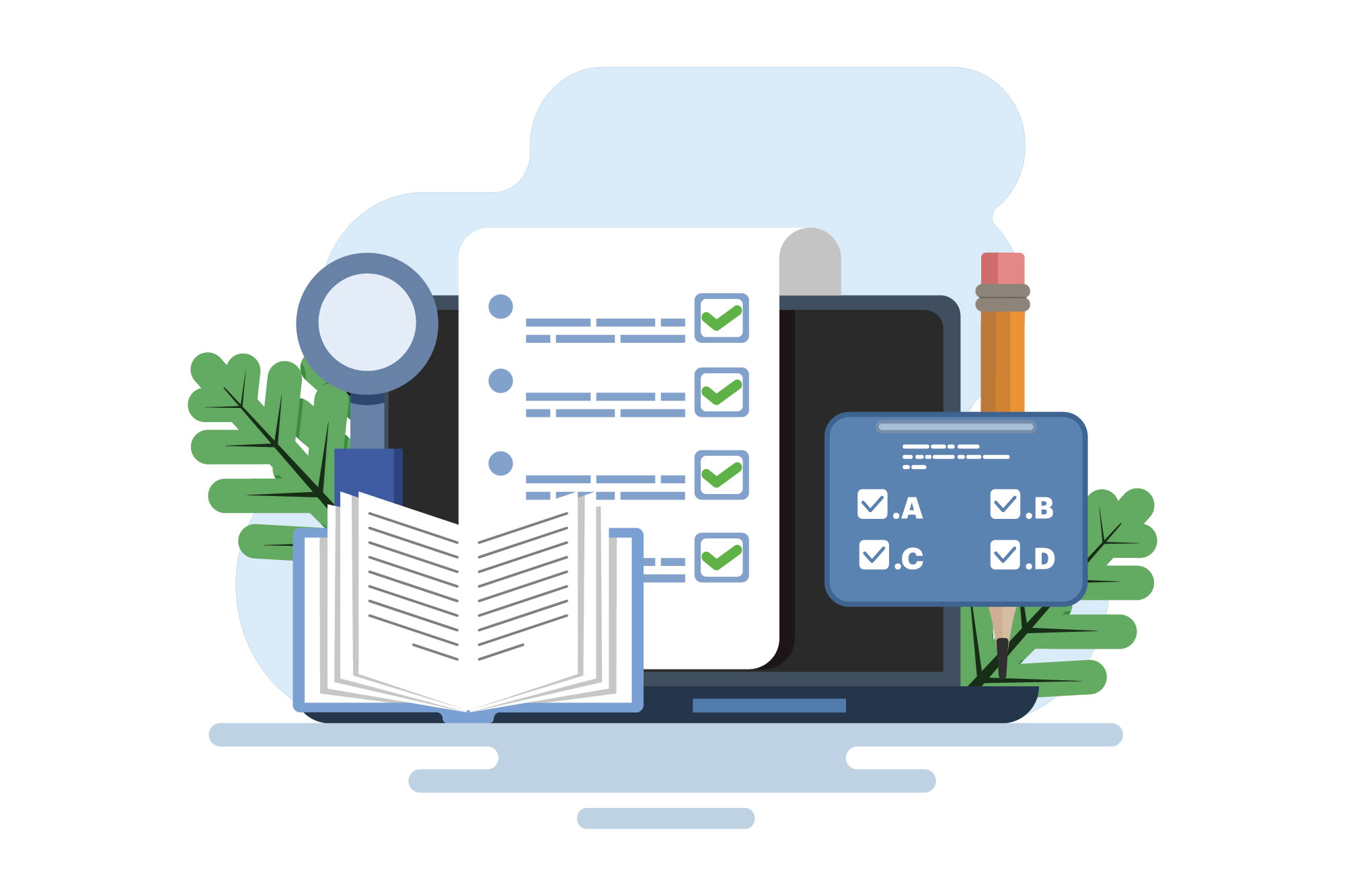 Vector image of laptop surrounded by objects that represent different types of formative assessment, including a book, quiz, and multiple choice question.
