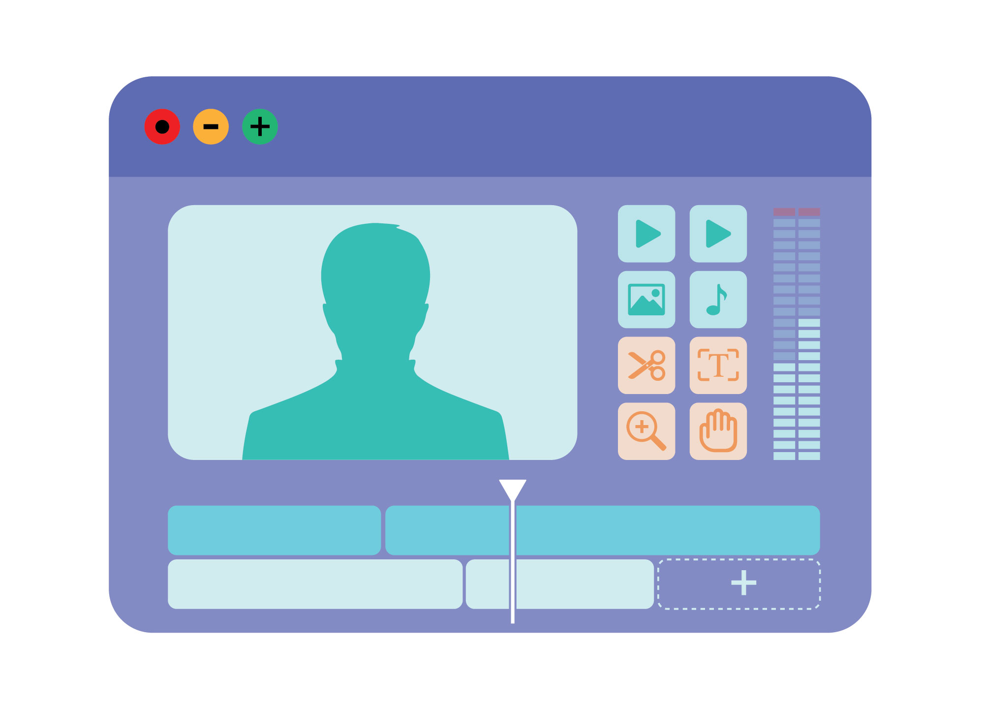 Vector image of a browser window containing a video pane and editing tools for creating instructional video.