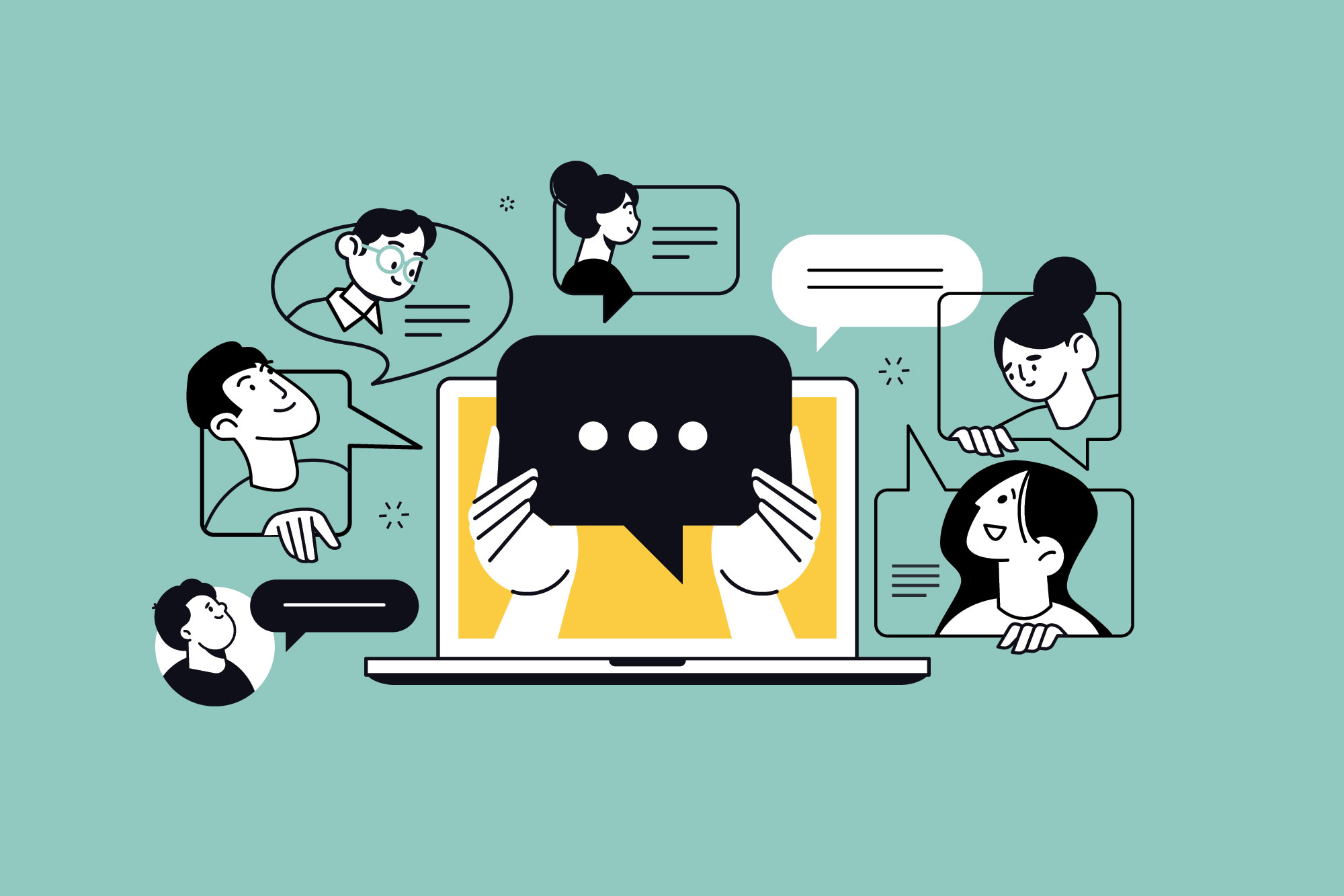 Vector image of a laptop screen depicting hands holding a speech bubble, surrounded by cartoon figures inside of different shapes of speech bubbles, mimicking classroom discussion.