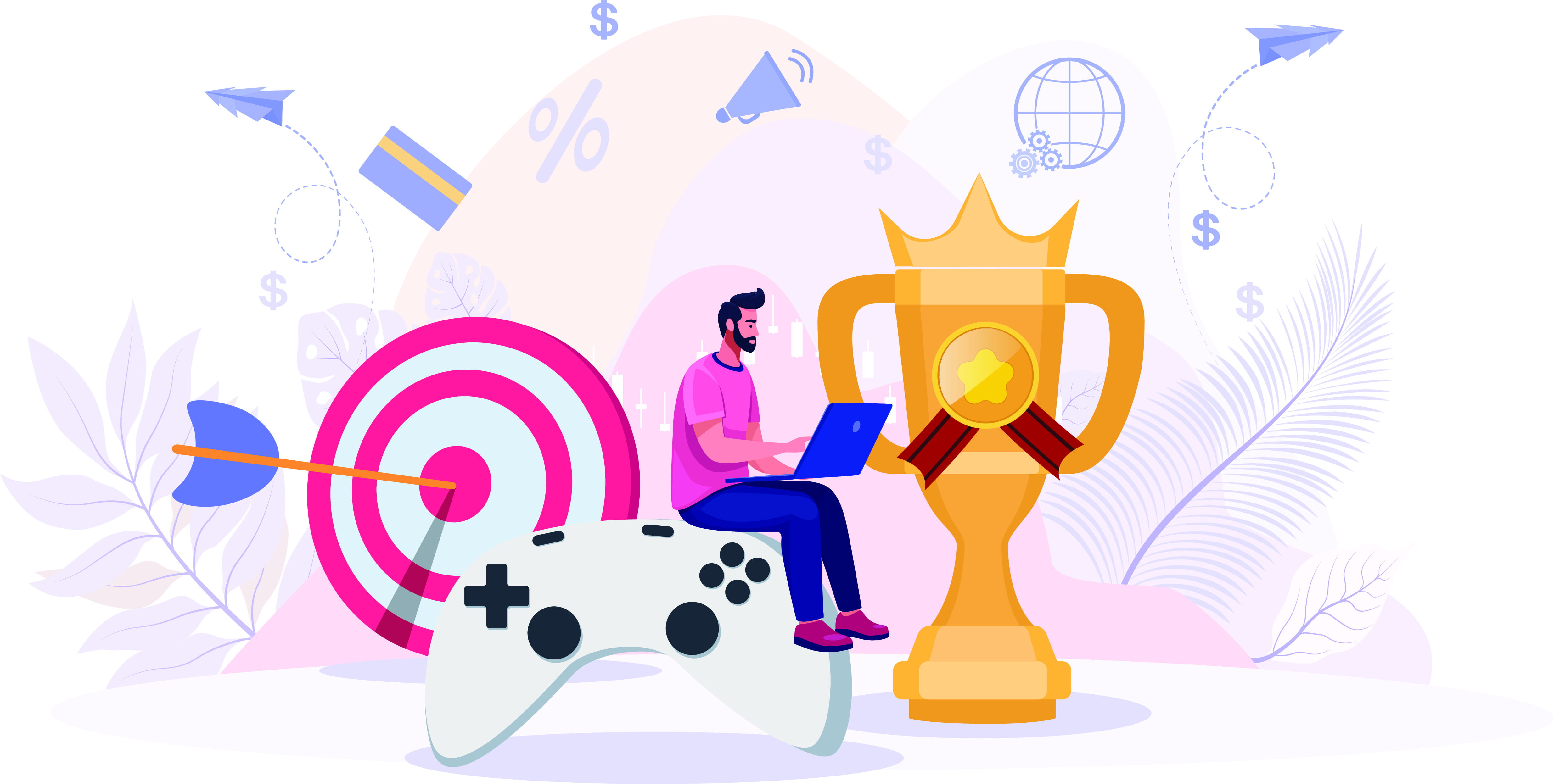 Vector drawing of teacher using a laptop to design a gamified learning experience while sitting on a large controller with a a trophy and a target in the background.