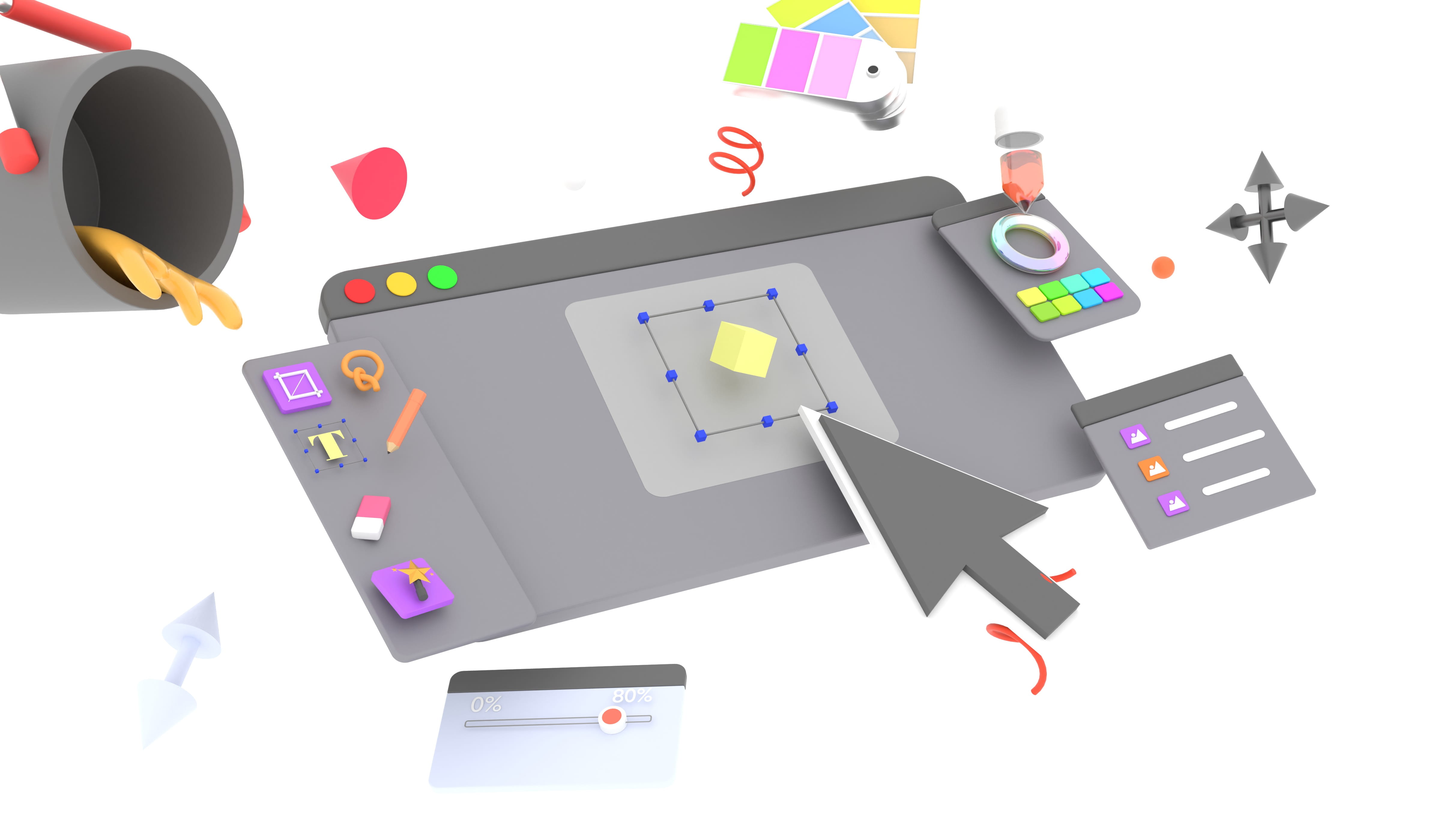 Vector drawing of a browser window surrounded by a paint can, hex code picker, color swatch, and other design elements you might find in Canva for Education.