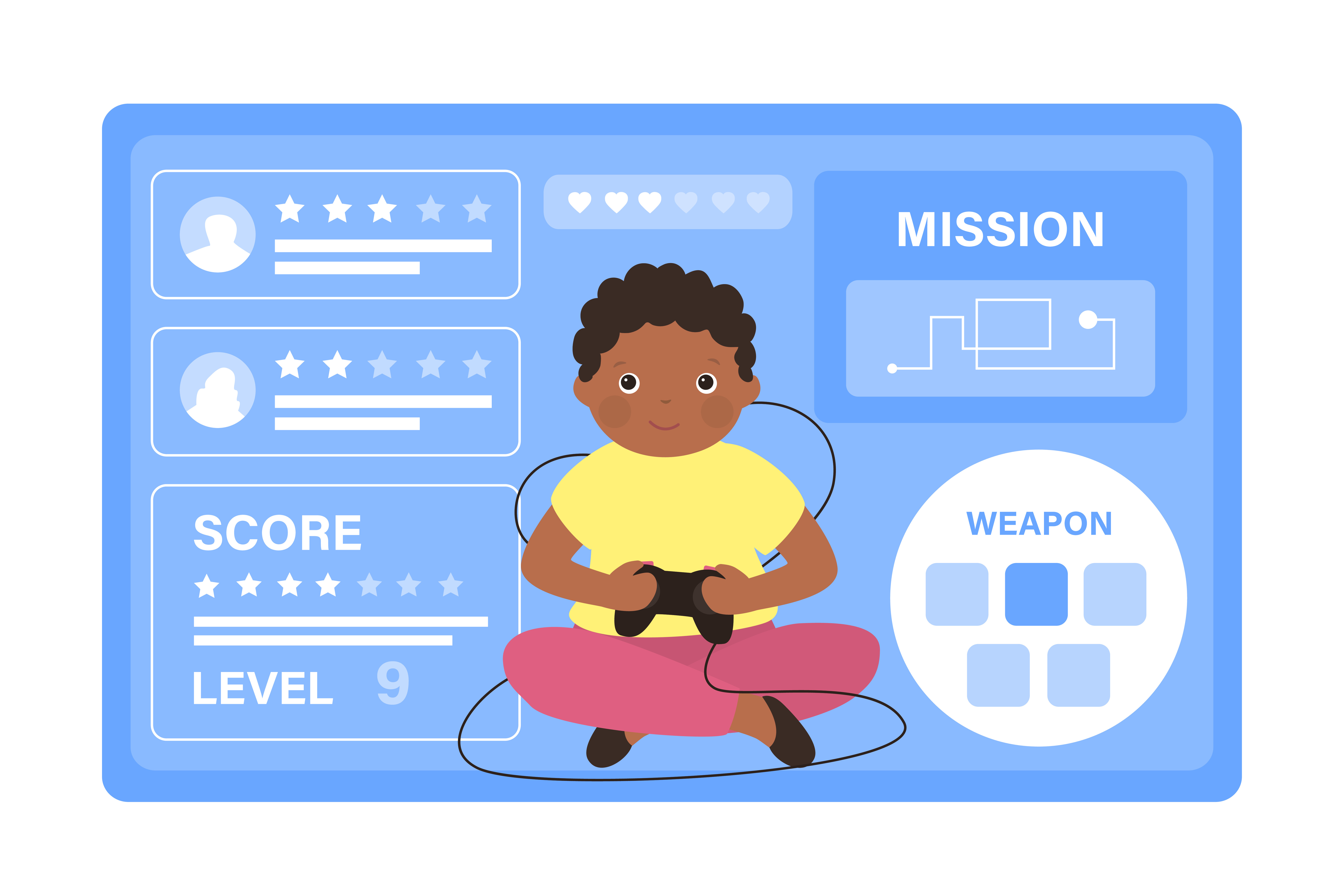 Vector image of African American elementary school student holding a controller to play a game created with Canva Code.